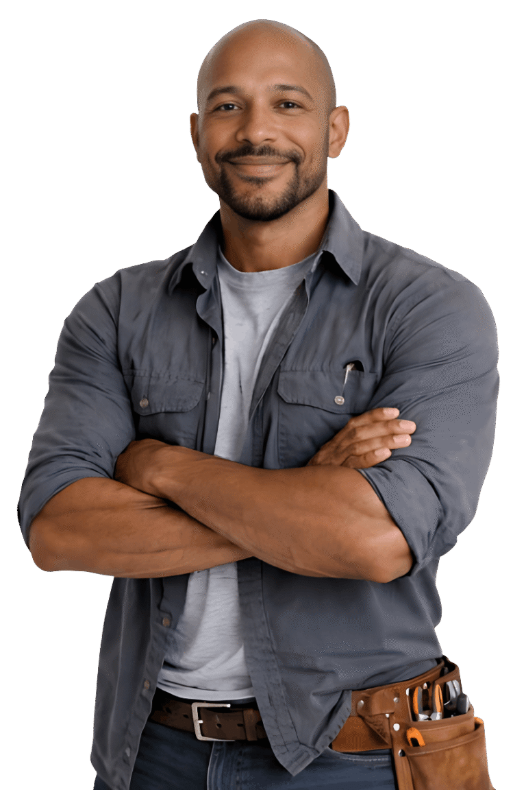 Professional roofing contractor wearing tool belt